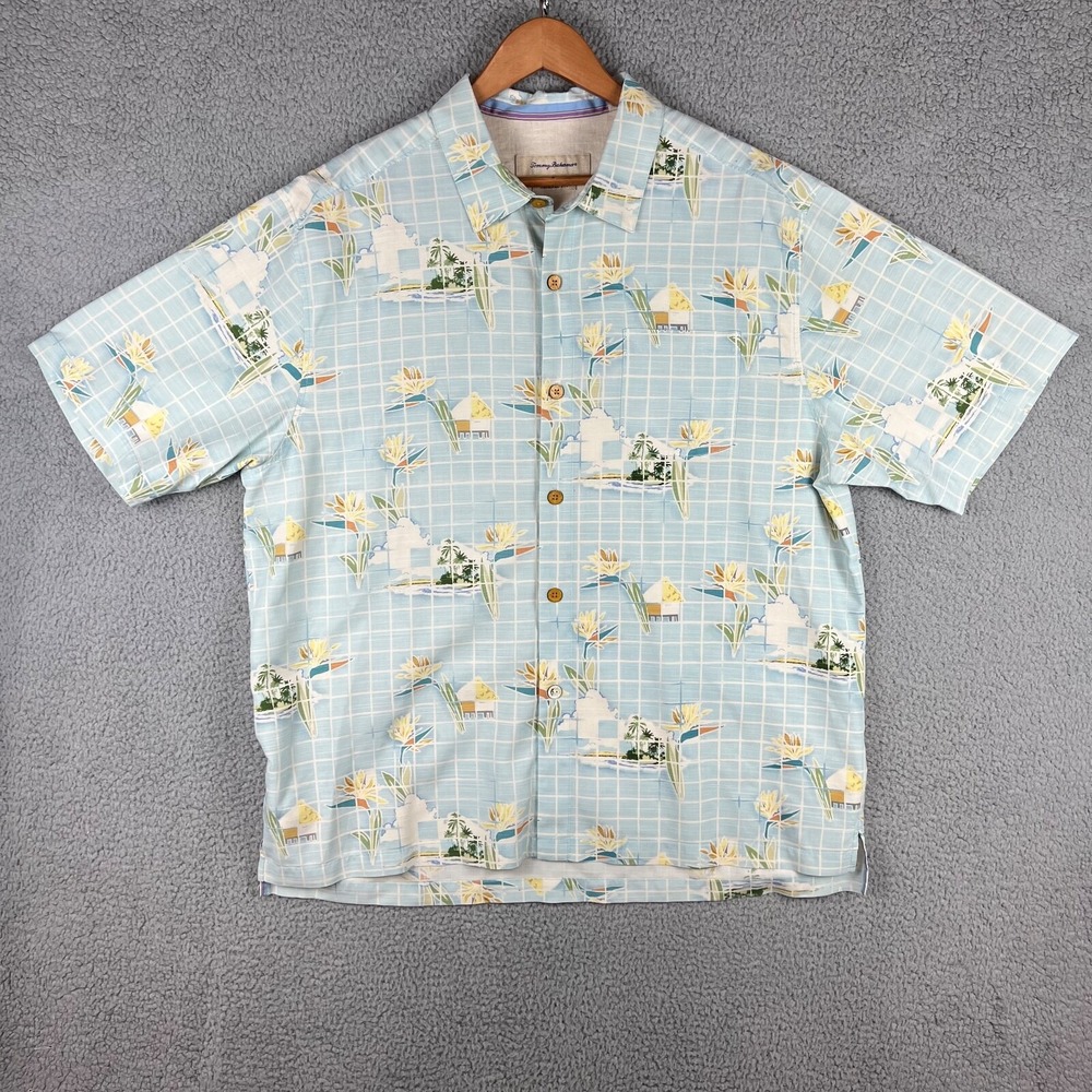 Tommy Bahama Hawaiian Shirt Mens XL Sky Blue Check Caribbean Bungalow Silk Blend